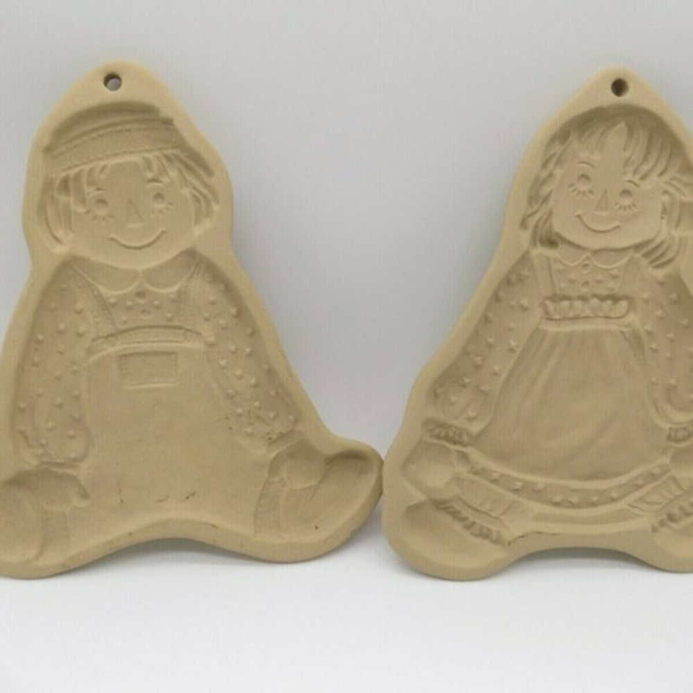 Vintage‎ 1985 Brown Bag Cookie Art Raggedy Ann Andy Stoneware Molds Set of 2